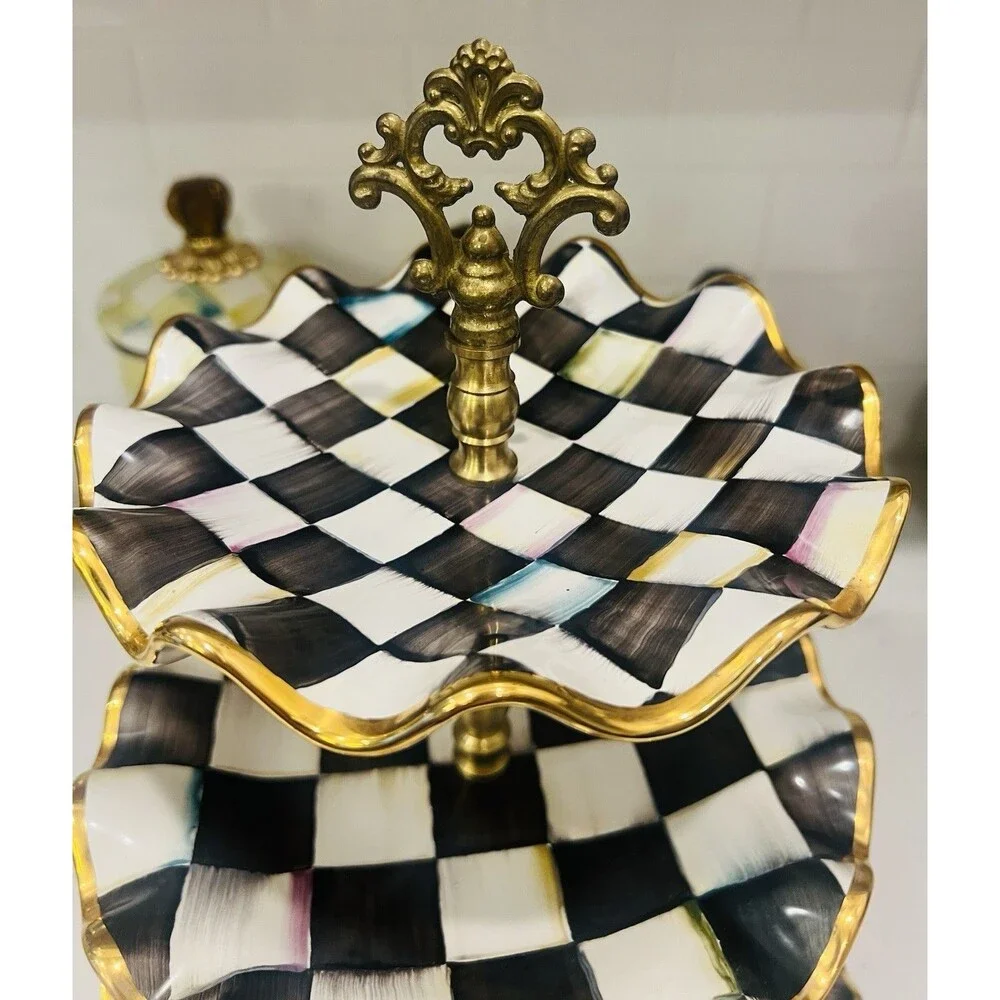MacKenzie-Childs Courtly Check 3 Tier Sweet Stand Ceramic Gold 17”